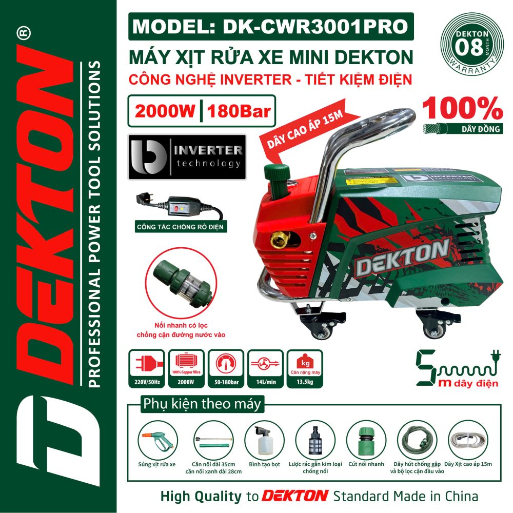 Máy Rửa Xe DEKTON DK-CWR3001PRO – Công Nghệ Inverter, Áp Lực 180Bar, Dây Xịt 15m