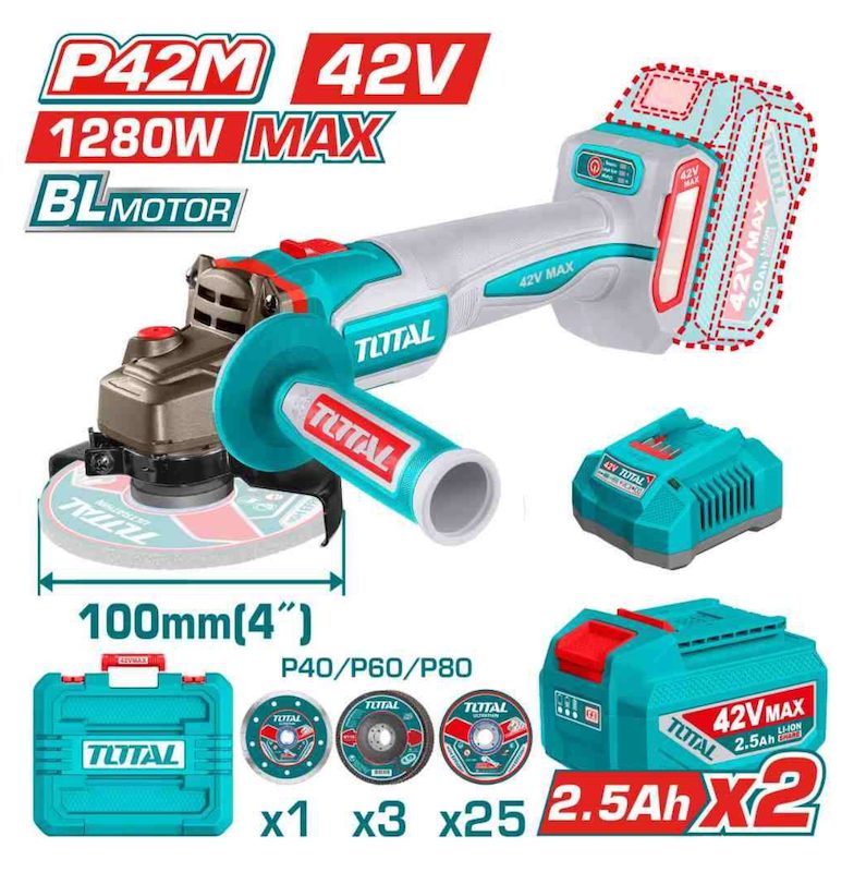 Máy mài góc không chổi than dùng pin 42V TOTAL TAGLI4128102 Máy mài góc không chổi than dùng pin 42V TOTAL TAGLI4128102