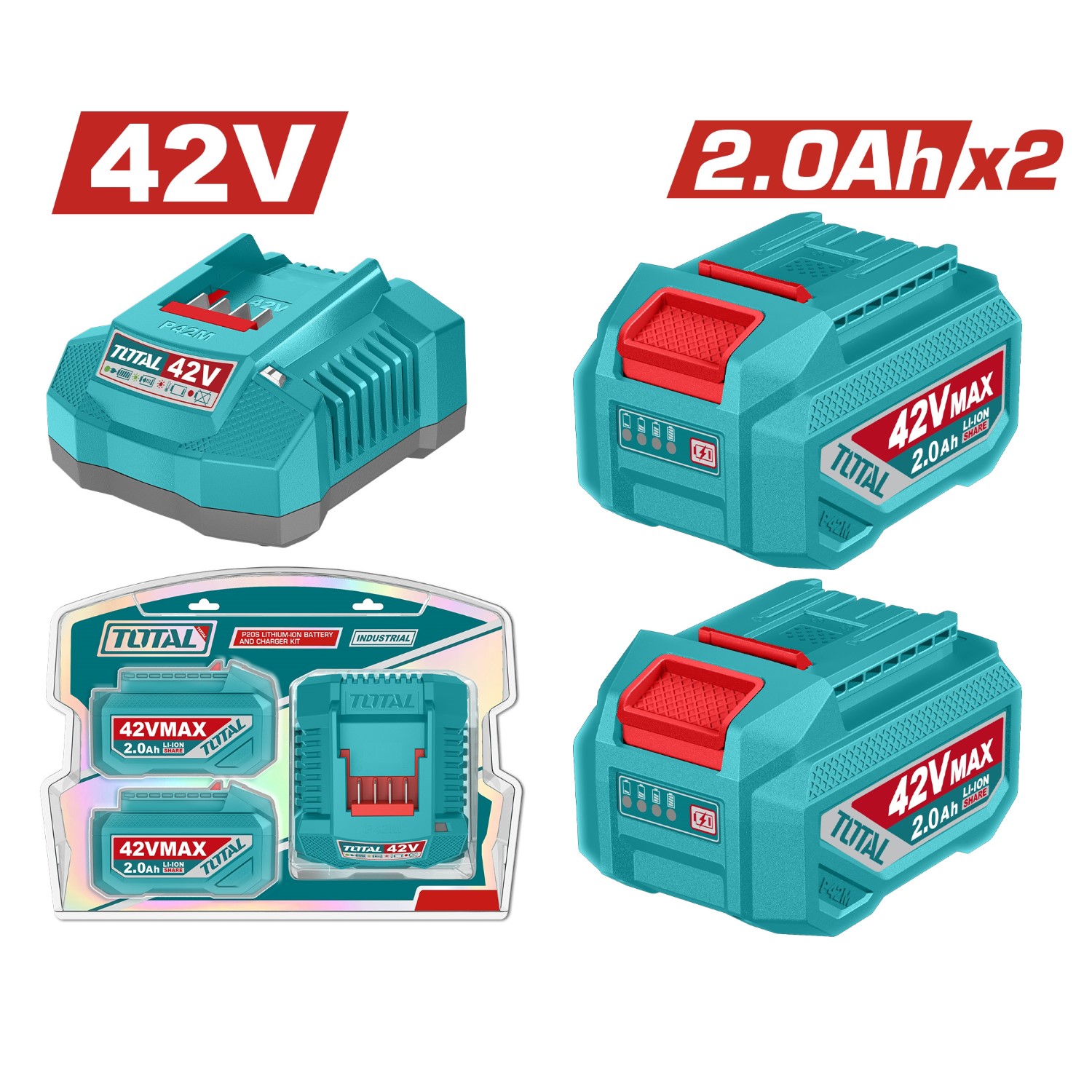 Bộ 2 pin Lithium 42V/ 2.0Ah và 1 sạc 42V - TOTAL TFBCPM20221